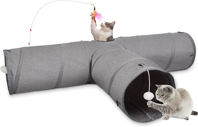 Ownpets 12" Large Cat Tunnel 3-Way T-Shape Oxford Fabric for Large Cat | Silent oxford fabric no noise, expandable 3-channel design, with plush ball ,feather wand, peek hole, for multi-cat household