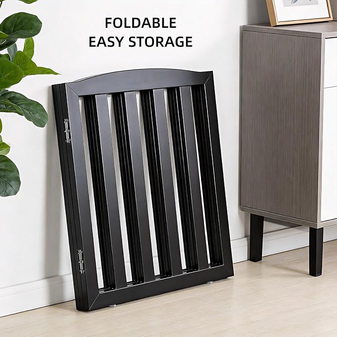 ZJSF Foldable Freestanding Indoor Dog Gate for House Wood Long Pet Gates Dog Fence for Stairs Puppy Gates for Hallways, Puppy Gate,Support Feet Included, Black, 24 "Height-3 Panels