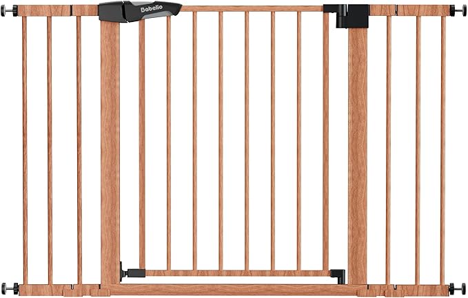 Babelio Pressure Mounted Baby Gate for Stairs, 29-48" Wide Dog Gate Indoor | Triple-lock system; Auto-close; 200N impact tested; Easy install for Doorways, Kitchen, Hallway, Brown Wood Pattern