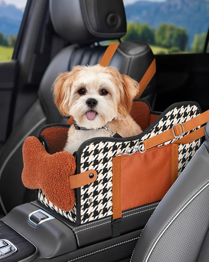 Center Console Dog Car Seat, Pet Car Seat, Armrest Middle Console Booster Travel Carrier for Small Dogs and Cats(Brown)