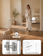 No Pawblems Full Metal Free Standing Dog Gate with Door, 30'' Tall | Foldable Freestanding Pet Gate for Indoor & Outdoor, Up to 104 Inch Extra Wide Dog Fence for Doorways, Stairs, Deck - White