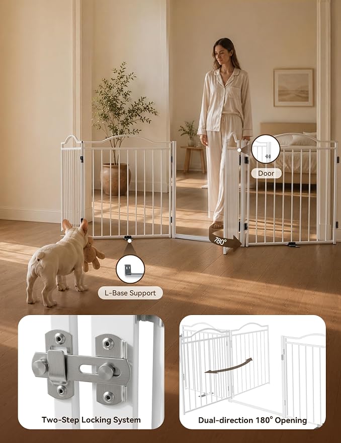 No Pawblems Full Metal Free Standing Dog Gate with Door, 30'' Tall | Foldable Freestanding Pet Gate for Indoor & Outdoor, Up to 104 Inch Extra Wide Dog Fence for Doorways, Stairs, Deck - White