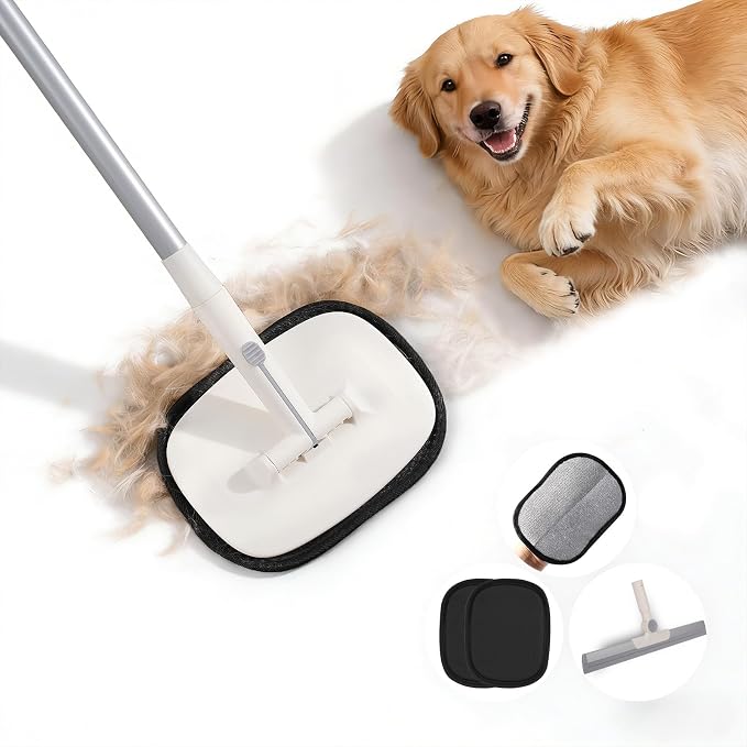 Pet Hair Remover for Cat & Dog, Reusable Pet Hair Removal Tool with Adjustable Long Handle for Pet Fur on Carpet Stair Couch, Electrostatic Carpet Rake Brush Squeegee for Floor & Glove 3 in 1