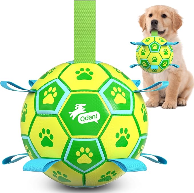 QDAN Dog Toys Soccer Ball, Durable Dog Balls with Strap for 20-40 lbs Dogs | 6 Inch Puppy Water Pool Toy, Durable Rope Toys for Dogs, Outdoor Herding Balls for Small Medium Dogs, Dog Gifts, Green