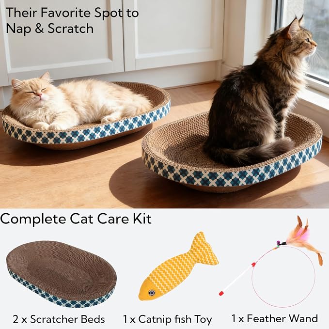 Cat Scratcher Bed with Toys, 2 Pack Oval Cat Scratcher Cardboard, Indoor Cat Scratch Bowl, Large Cat Scratching Board with Catnip Fish Toy & Feather Wand for Furniture Protector,Blue