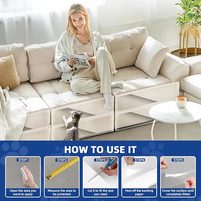TOOSOFt Anti Cat Scratch Furniture Protector Clear Vinyl 196.9"x16.5" | Couch Protector from Cat Claws Thicken - Single Sided Sticky Flexible Dog Tape for Furniture, for Couch Corner Door Walls Bed