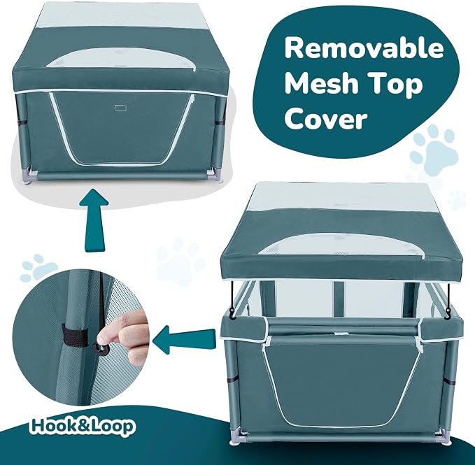 Dog Kitten Playpen with Cover, 42x42 x25.5 Puppy Playpen for Small Pet with See-Through Topper Proof, Green