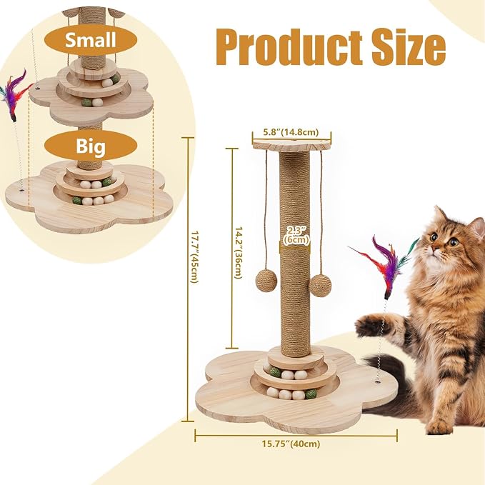 4-in-1 Wider Cat Scratching Post for Large Cats, Cat Tower for Indoor Cats | Wooden Cat Scratcher Toy w/ 2-Level Track, 8 Balls, 2 Sisal Balls & 2 Wand Toys; Stable Indoor Activity Center for All Ages