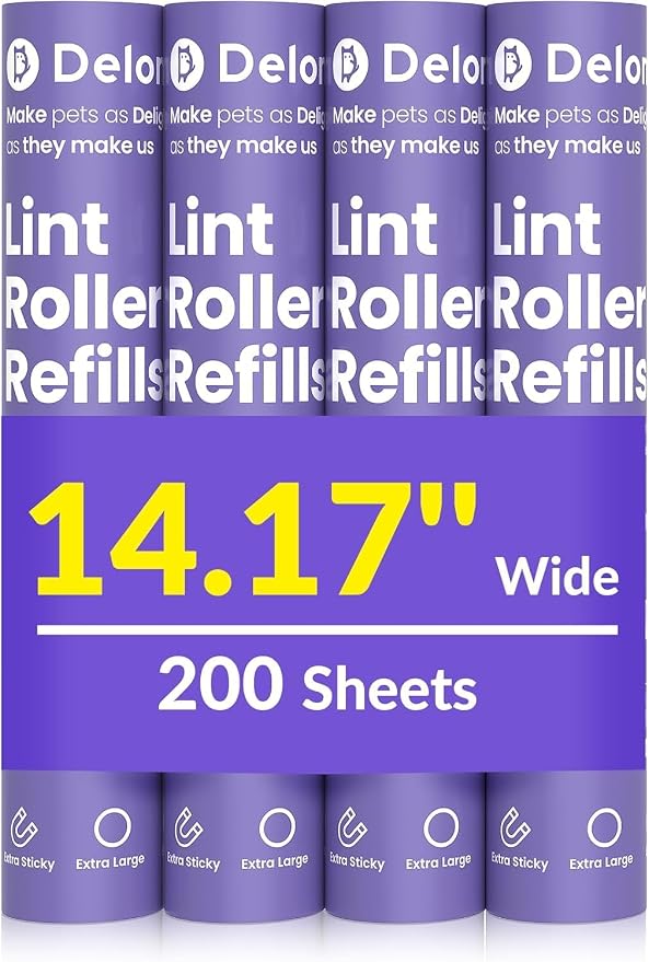 DELOMO 14.17” Large Lint Roller Refills, 4 Packs, 200 Extra Sticky Sheets | Sticky Roller Refills, Easy Tear Sheets, Compatible Only with DELOMO 14.17” Lint Roller, Floors, Carpets, Couches, Pet Hair