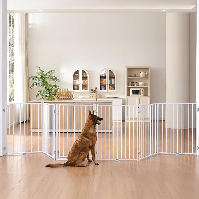 No Pawblems Full Metal Free Standing Dog Gate with Door, 36'' Tall | Foldable Dog Fence for Indoor & Outdoor, Up to 156 Inch Extra Wide Pet Gate for Stairs, Doorways, Deck, Yard, 6 Panels, White