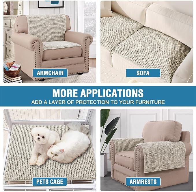 H.VERSAILTEX Plush Chenille Couch Armrest Cover 2 Packs Thick and Soft Sofa Covers Furniture Protector Cover for Pets (27.5" x 27.5", Oatmeal)