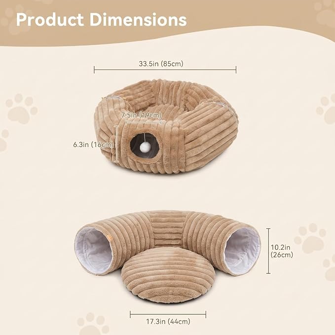 Cat Tunnel Bed Cave - Washable Cushion for Indoor Cats, Peekaboo Hideaway Cave for Indoor Cats, Kittens, Puppies, Rabbits, Luxurious Striped Hare-Feel Fabric, Tunnels for Indoor Cats Large(Khaki)