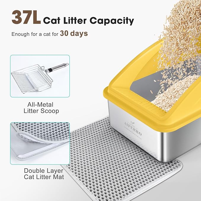 AIPERRO Stainless Steel Litter Box | XL Enclosed Cat Litter Boxes with Lid for Big Cats | High Sided, Anti-Urine Leakage | Non-Stick Bottom & Includes Litter Mat & Metal Scoop (Mustard Yellow)