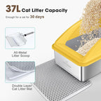 AIPERRO Stainless Steel Litter Box | XL Enclosed Cat Litter Boxes with Lid for Big Cats | High Sided, Anti-Urine Leakage | Non-Stick Bottom & Includes Litter Mat & Metal Scoop (Mustard Yellow)