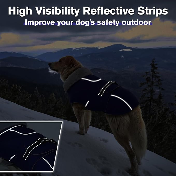 Lelepet Dog Coat Waterproof Dog Jacket Fleece Vest with Adjustable Buckle | Reflective Pet Winter Coat Turtleneck Snowsuit Windproof Cold Weather Coats for Small Medium Large Dogs,Leash Hole,Blue, XXL