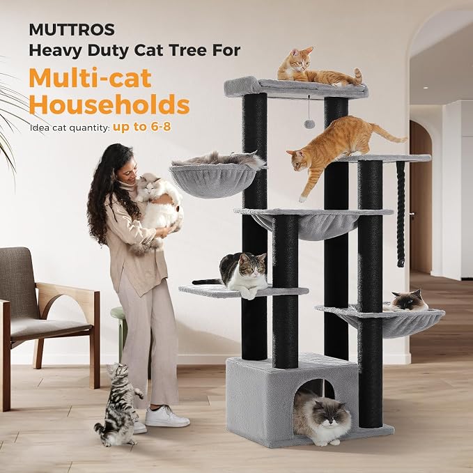 MUTTROS Large Cat Tree-67 Maine Coon Cat Tower for Indoor Cats Large Adult with 7 Thick Black Scratching Posts (φ4.3), Multi-Level Condo, Big Perch & Hammocks -Black