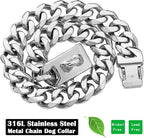 Silver Metal Dog Chain Collar with Design Secure Buckle & ID Tag,Pet Necklace,Strong Stainless Steel Cuban Link Chain,Chew Proof Indestructible Choke Walking Collar for Large Dogs(19MM 24'')