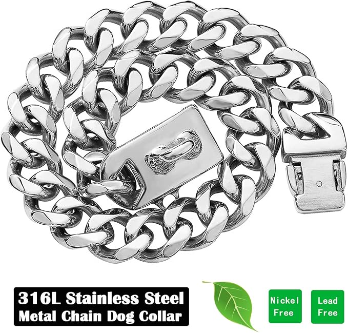 Silver Metal Dog Chain Collar with Design Secure Buckle & ID Tag,Pet Necklace,Strong Stainless Steel Cuban Link Chain,Chew Proof Indestructible Choke Walking Collar for Medium Dogs(19MM 14'')