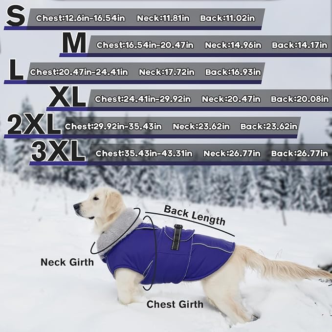 Lelepet Dog Coat Waterproof Dog Jacket Fleece Vest with Adjustable Buckle | Reflective Pet Winter Coat Turtleneck Snowsuit Windproof Cold Weather Coats for Small Medium Large Dogs,Leash Hole,Blue, S