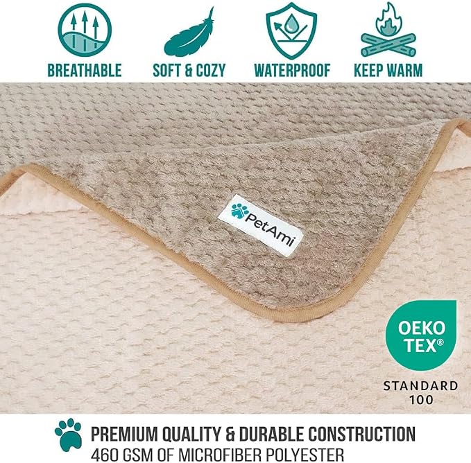 PetAmi Waterproof Dog Blanket, Leakproof Pet Throw, Twin 60x80 Taupe Beige | XL for Large Dogs, Furniture Sofa Couch Cover Protector, Fleece Cat Blanket Bed Crate Kennel, Reversible Washable Soft Plush