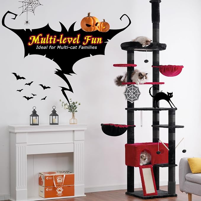 Hey-brother Cat Tree Tower, Adjustable Height, Floor to Ceiling, MPJ091BR | 94.5-106.3 Inches Multi-Level Cat House, Scratching Posts, Plush Condo, Platform, Toy Ball for Indoor Big Cats, Black and Red