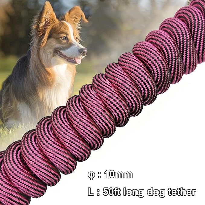 BTINESFUL 8ft 12ft 20ft 30ft 50ft 75ft Dog Tie Out Rope Leash, Long Tether Outdoor Yard Leash, Large Medium Dogs Training, Playing, Camping, Backyard Dog Lead (50 Foot, Pink Black)