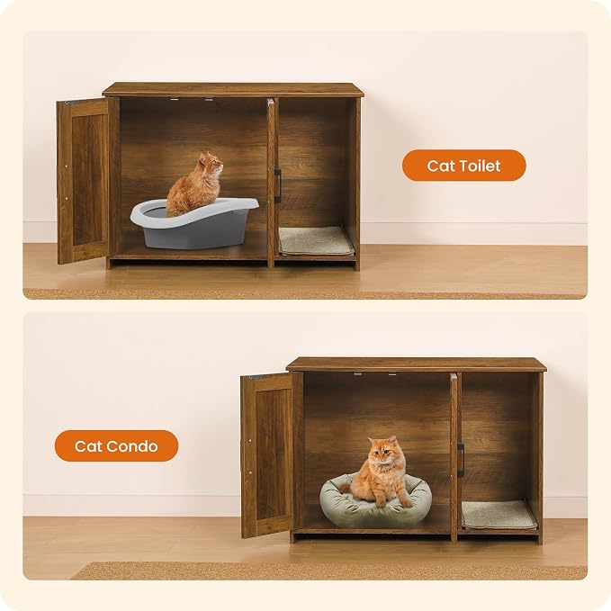 Dwanton Litter Box Enclosure, Cat Litter Box Furniture Hidden, with Scratching Mat, Wooden Cat Washroom Indoor, 31.5" L x 19.7" W x 21.7" H, Warm Brown