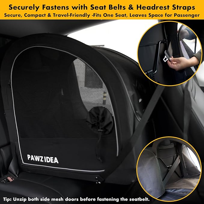 PAWZIDEA Portable Dog Crate for Car Travel, Collapsible Pet Travel Crates for Medium & Large Dogs, Enclosed Soft-Sided Car Kennel Carrier for Backseat, Secures w/Seatbelt & Headrest Strap, Chew-Proof