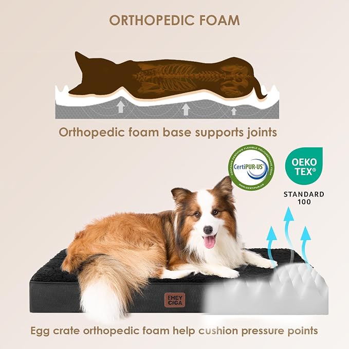 EHEYCIGA Orthopedic Dog Bed Large with Removable Washable Cover,Black,36x27 | Egg Crate Foam Support,Durable Oxford fabric,Non-Slip Bottom,Machine Washable,Soft Waterproof Plush Pet Bed Mat For Crate