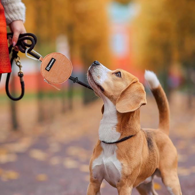 Dog Poop Bag Holder for Leashes- Dog Treat Pouch with Waterproof Zipper,Puppy Training Small Bag with Carabiner & Bungee Toggle,Two Pockets for Dry or Wet Treats-Pet Travel Walking Essentials (Orange)