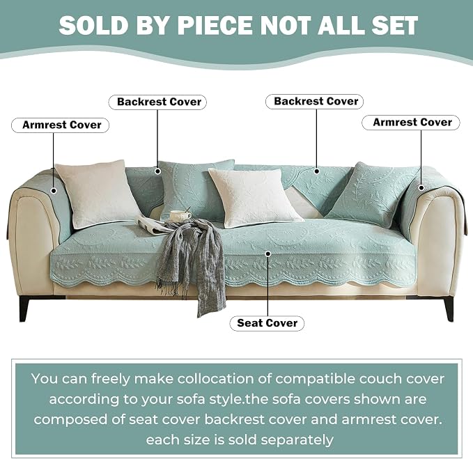 Leaf Floral Cotton Quilted Dog Couch Cover for Sofa Farmhouse Rustic Embroidered Sectional Couch Cover Soft Anti-Slip Sofa Slipcover Furniture Protector for Kids, Pets (Blue,36"x70")