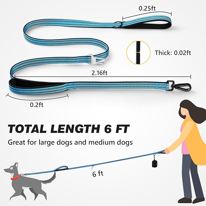 Double Handle Dog Leash with Poop Bag Holder and Car Seat Belt Buckle | Heavy Duty | Double Handle | with Poop Bag Holder | with Car Seat Belt Buckle | Reflective | Lightweight