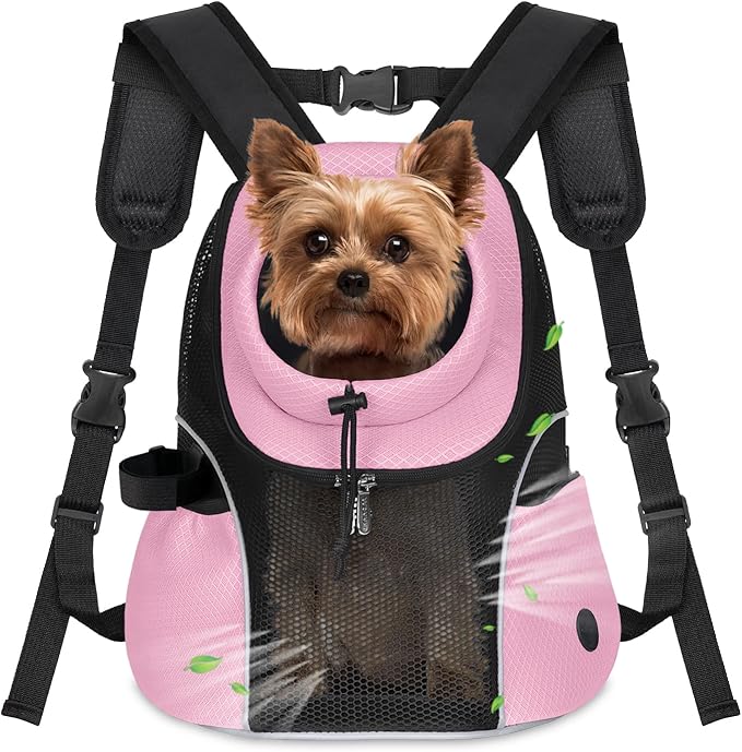WOYYHO Pet Dog Carrier Backpack, Ventilated Mesh Small Dog Front Backpack | Breathable Puppy Back Pack, with Safety Belt, Storage Pockets, for Travel Hiking Cycling Outdoor Adventures, Pink, S