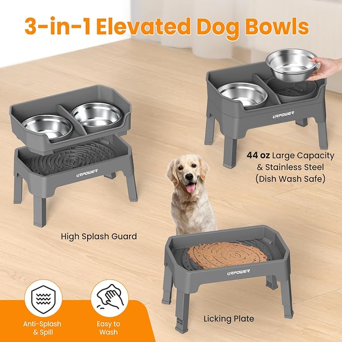 URPOWER Elevated Dog Bowls, 3-in-1 Double Deck Raised Dog Bowl Stand | 4 Height Adjustable Raised Stand with 2 Stainless Steel Food Bowls & Licking Plate for Small, Medium & Large Dogs