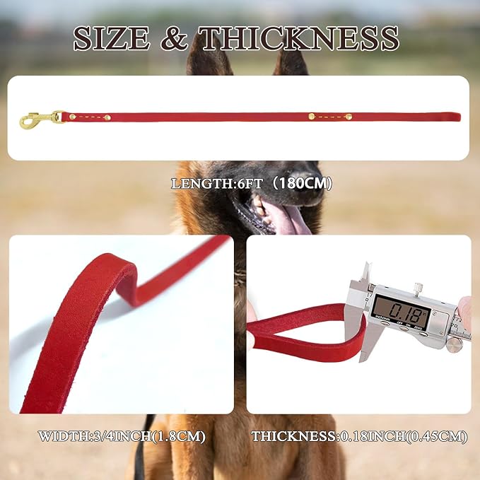 Leather Dog Leash 6 ft x 3/4 inch Heavy Duty Genuine Leather Dog Training Leash Soft and Strong Leather Leash for Small and Medium Dogs Red