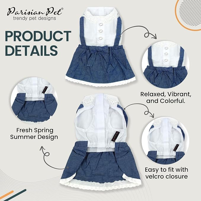 Parisian Pet Chambray Overall Dog Dress - Summer Clothes for Small Dogs Girl - Blue Denim Pet Dress - Designer Dog Overalls - Lightweight and Breathable Puppy Clothes - Dresses for Dogs