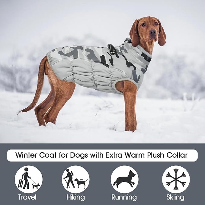 FUAMEY Dog Cold Weather Coats Reflective Dog Warm Jacket with Harness | Fleece Winter Coat for Large Dogs Snow Puffer Vests with Zipper Reflective Turtleneck Jackets for Winter Gery Camo XL