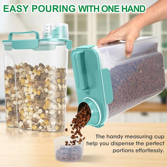 Pet Dog Cat Food Storage Container 5 to 7 lbs with Can Cover and Mixing Spoon, Airtight Travel Pet Food Storage Dispenser with Easy-pouring Spout & Cup, Kibble Dog Treat Bird Seed Container -Cyan
