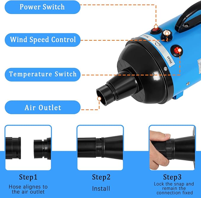 High Velocity 5.2HP 3500W Large Dog Hair Dryer with Heater for Grooming - Adjustable Temperature with 4 Nozzles (Blue)