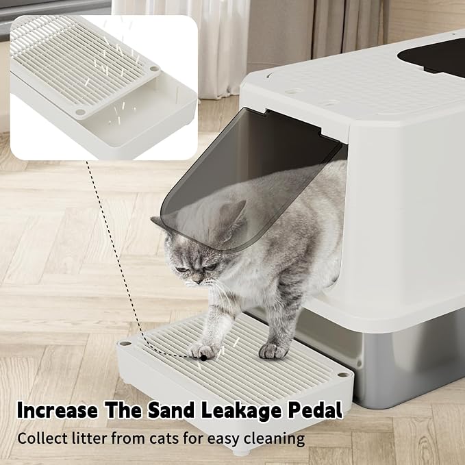 RIZZARI Stainless Steel Cat Litter Box: Dual Access, Hidden Pan, Easy Clean | Dual Front-Top Entry / Stainless Anti-Odor / Litter-Catch Pedal / Splash Guard Shield / Tool-Free Assembly / Compact Corner