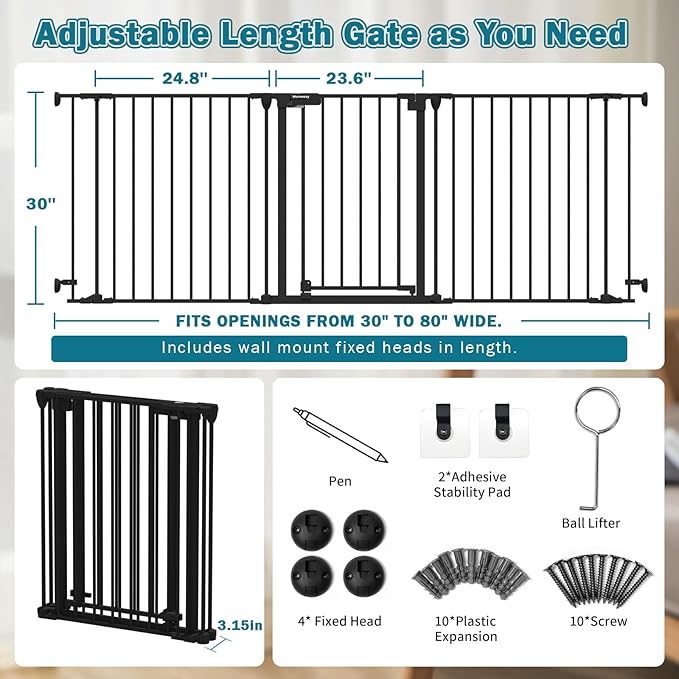 Mumeasy 80" Extra Wide Baby Gate for Doorways & Stairs, Dog Gate Indoor | Hardware Mounted Pet Gate, Auto Close Walk Thru Door, Large Child Safety Fence for Outdoor, Deck, Yard, 3 Metal Panels, Black