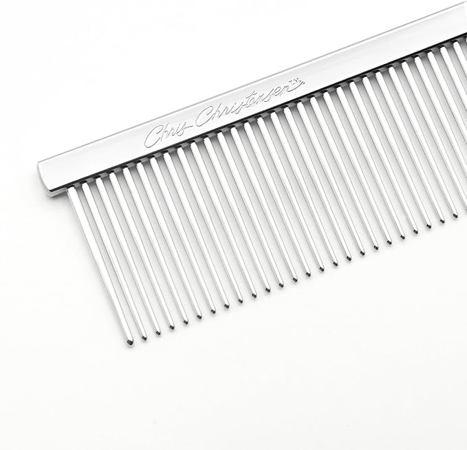 Chris Christensen 000 7.5 in. Greyhound Style Fine/Coarse Colored Butter Comb, Groom Like a Professional, Rounded Corners Prevent Friction and Breakage, Solid Brass with Steel Teeth, Chrome Finish