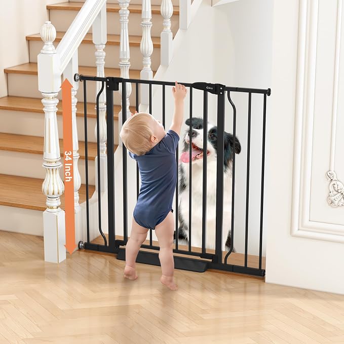 34" Tall Baby Gate No Drilling, Auto Close Dog Gate Indoor, Black | for Doorways & Stairs, Pressure Mounted 29"-40" Wide Pet Gate, Easy Walk Through Stair Gate for Baby & Pet Stroller Friendly