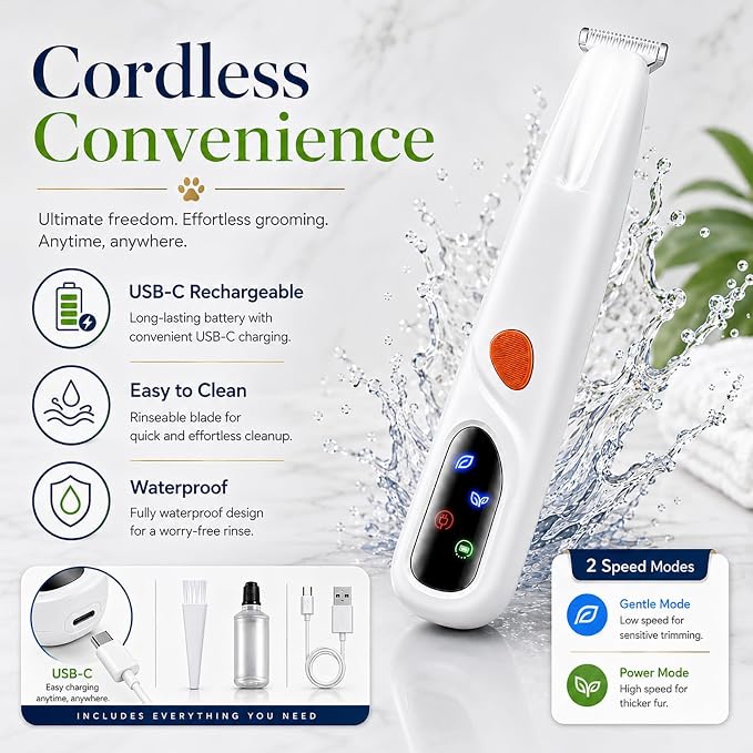 Dog & Cat Paw Trimmer with LED Light, Ultra Quiet Micro Precision Trimmer | 2 Mode Electric Quiet Rechargeable Clipper with LED Light & 2 Wide Blades (0.8"), Waterproof for Paws, Ears, Face, Rump