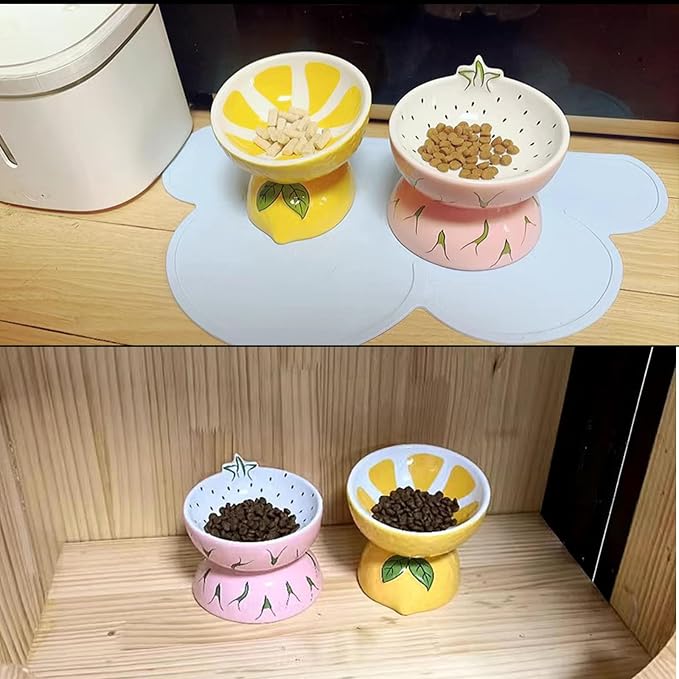 Hamiledyi Ceramic Raised Cat Bowl Anti Vomiting Elevated Tilted Cat Food & Water Bowls 2PCS Pet Feeder Dish for Indoor Kitty and Small Dogs(Lemons & Pitaya)