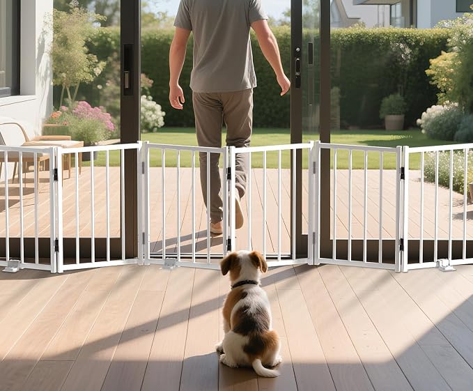 BFNN Small Dog Gate Indoor, Up to 72" W Freestanding Pet/Puppy Fence, White | Flexible Space Control | Chewproof Steel Frame | 16.5" Step-Over Gate | Foldable | Drill-Free Setup | For Stairs & Doorways