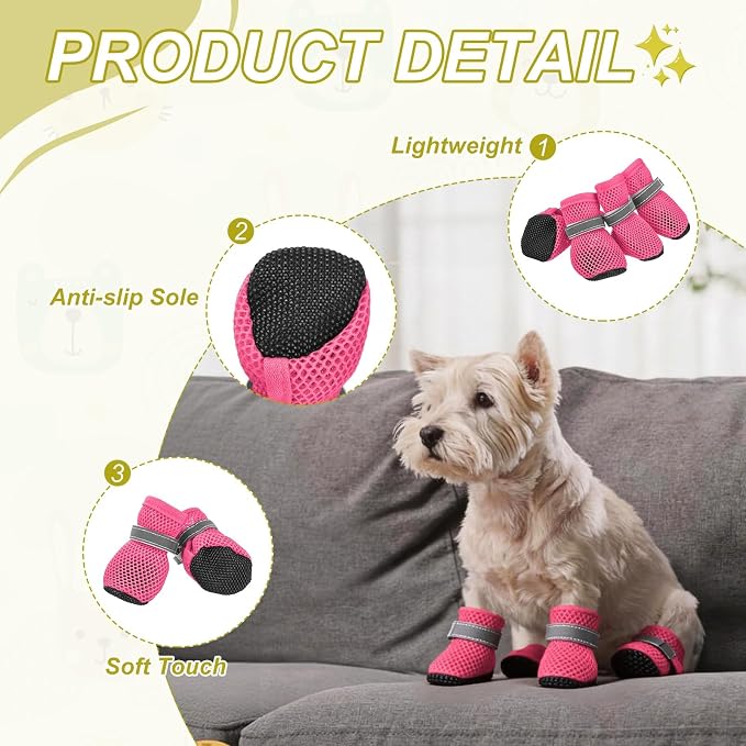 Dog Boots Paw Protector, Reflective Adjustable Non Slip Mesh Summer Breathable Dog Shoes Dog Walking Boots (M Size, Rose Red, 4 Pcs) Intended for Paws Waterproof for Dogs/Cat/Puppy