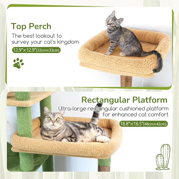 Globlazer Extra Large Platform Cactus Cat Tree, 65in Sturdy Cat Tree for Multiple Indoor Cats Large Adult, Big Cat Tower with 3 Padded Perches, 6 Scratching Posts, Spacious Condo, Hammock, S65, Green