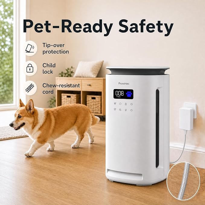 Provirtec Pet Air Purifier for Home with 2 Washable Pre-Filters, H13 HEPA | For pet homes: 360° intake, 1-Year Filter, 1800 sq ft, tested pet hair and odor reduction, PM2.5 Auto and 23 dB Sleep
