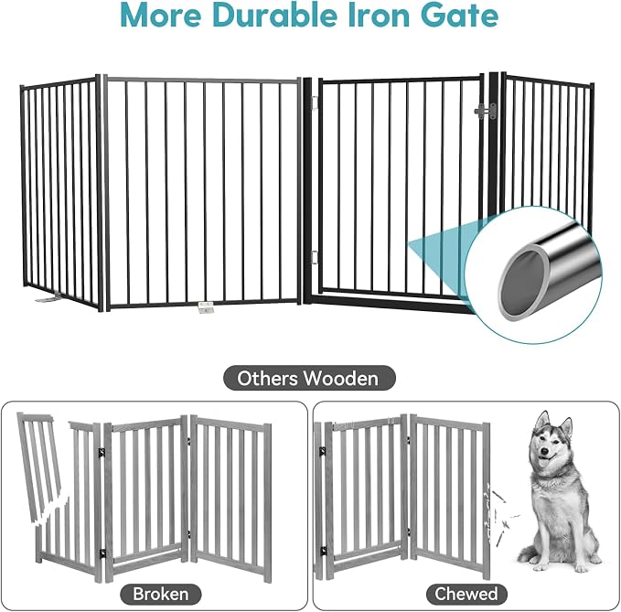 No Pawblems Full Metal Freestanding Dog Gate with Door, 30" Tall | Foldable Pet & Dog Fence for Stairs/Deck/Doorways, Indoor/Outdoor, Freestanding & Wall Mount, 104" Wide, 4 Panels, Black